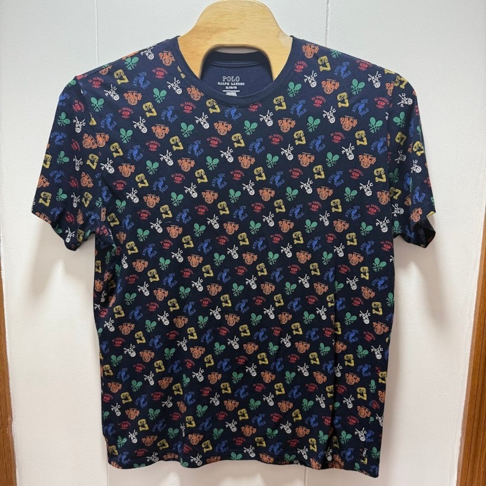 Polo Ralph Lauren Mens XL Navy Blue All Over Collegiate Varsity Print T-Shirt